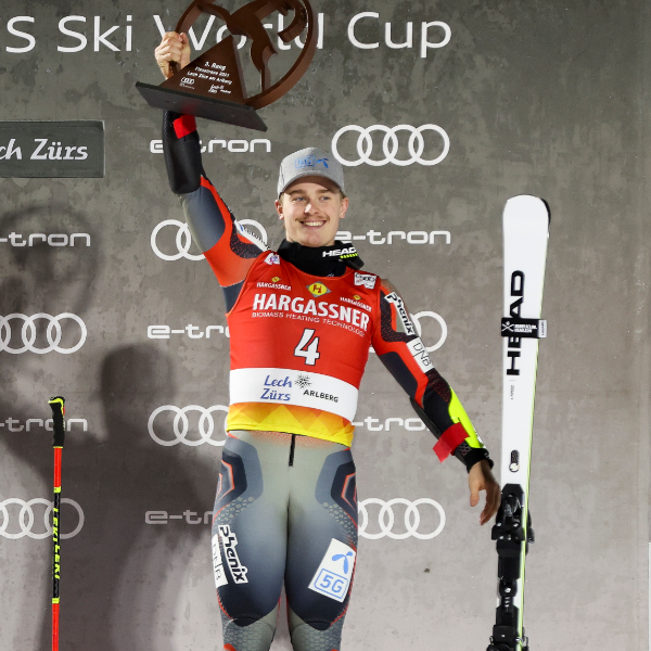 Atle Lie McGrath on the podium in the Parallel Slalom in Lech