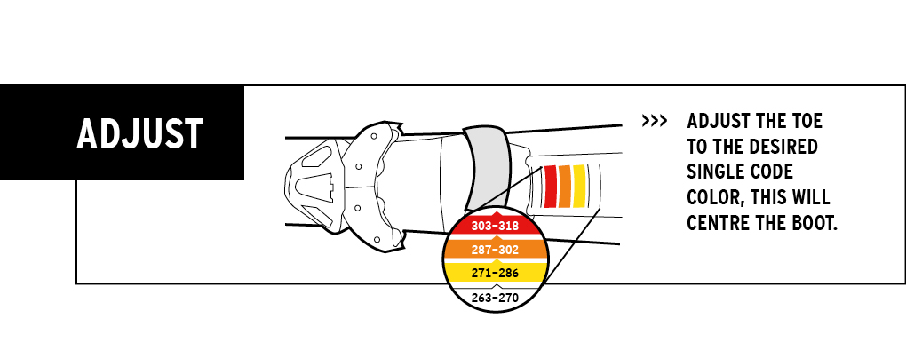 Adjust - Adjust the toe to the desired single code color, this will centre the boot.